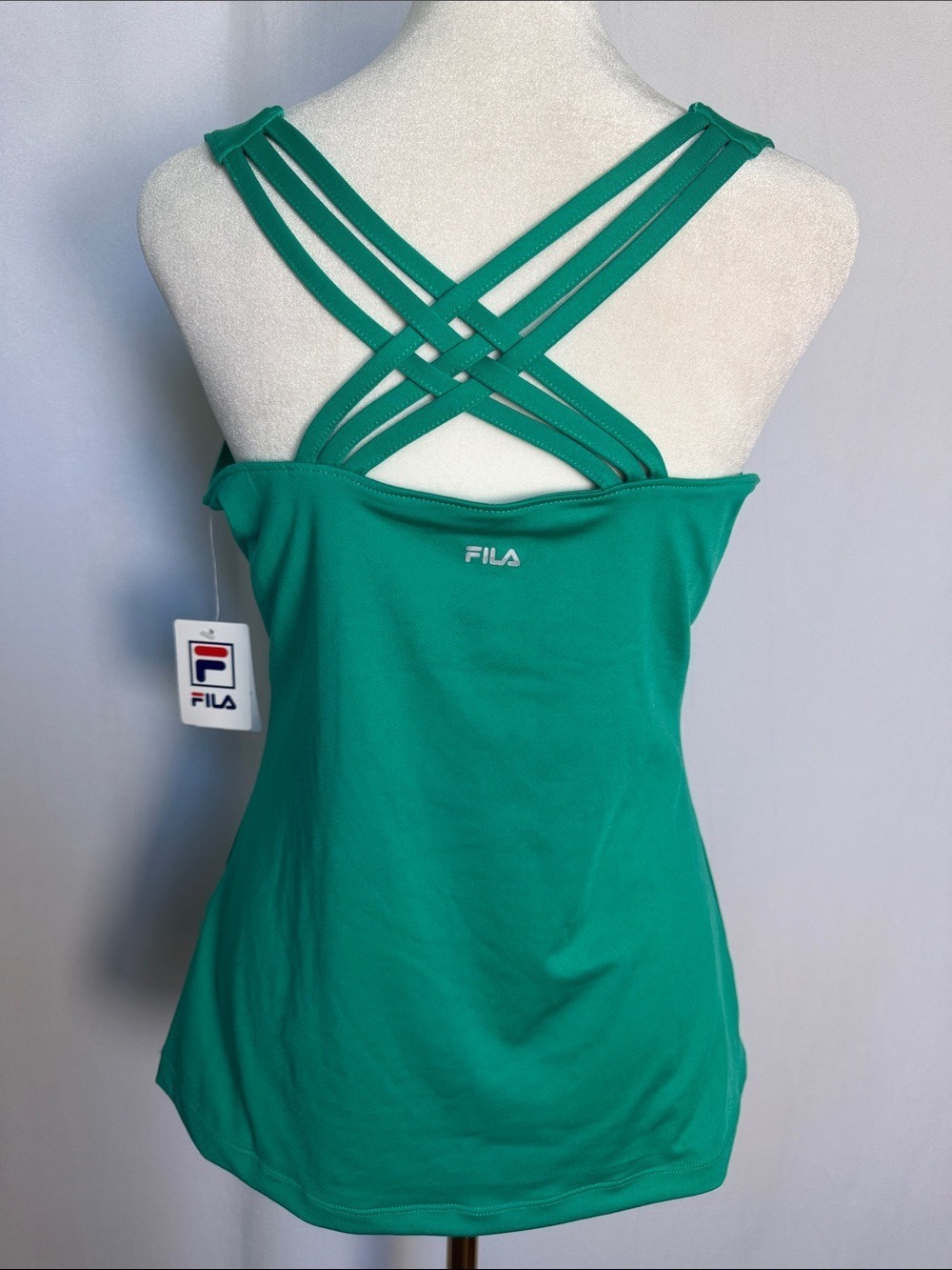 NEW FILA Teal Green Scoop Neck Tank Size L Built in Bra Lattice Back Yoga Gym